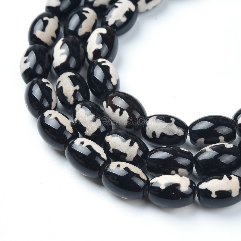 Tibetan Goddness of Mercy  Pattern Black dZi Agate Smooth Barrel Drum Beads, Approx 10x14mm, 34-35cm/strand