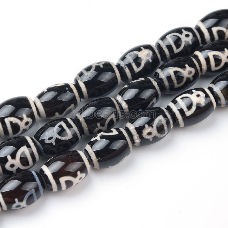 Tibetan God of Wealth Pattern Black dZi Agate Smooth Barrel Drum Beads, Approx 10x14mm, 34-35cm/strand