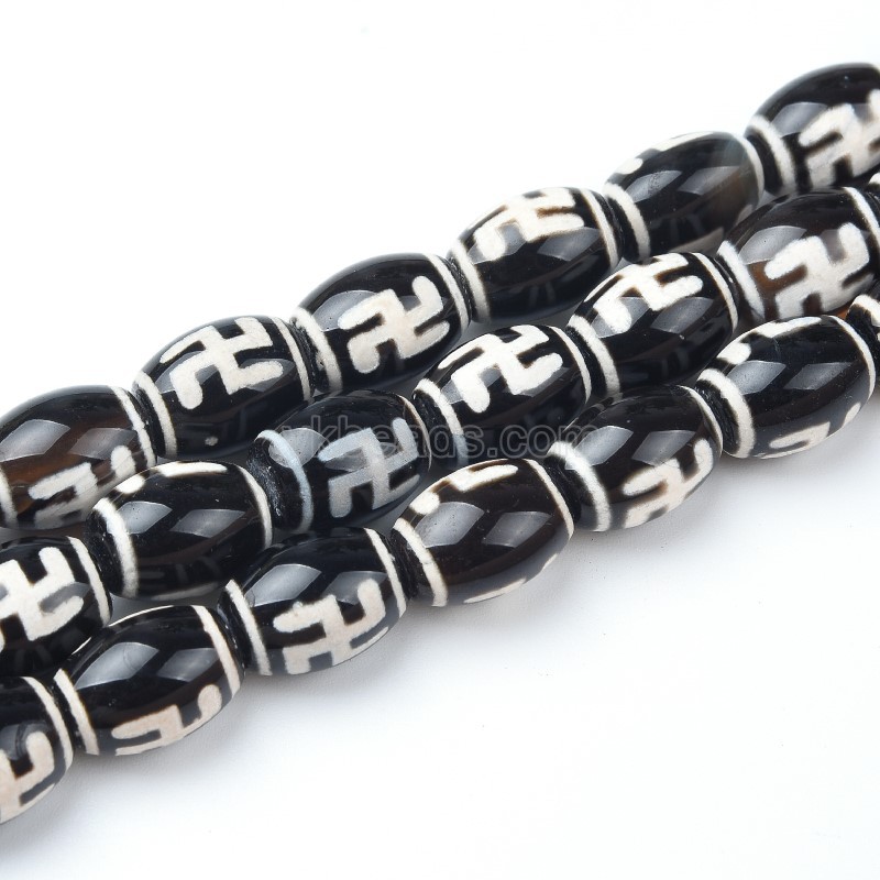 Tibetan Swastika Pattern Black dZi Agate Smooth Barrel Drum Beads, Approx 10x14mm, 34-35cm/strand