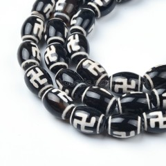 Tibetan Swastika Pattern Black dZi Agate Smooth Barrel Drum Beads, Approx 10x14mm, 34-35cm/strand