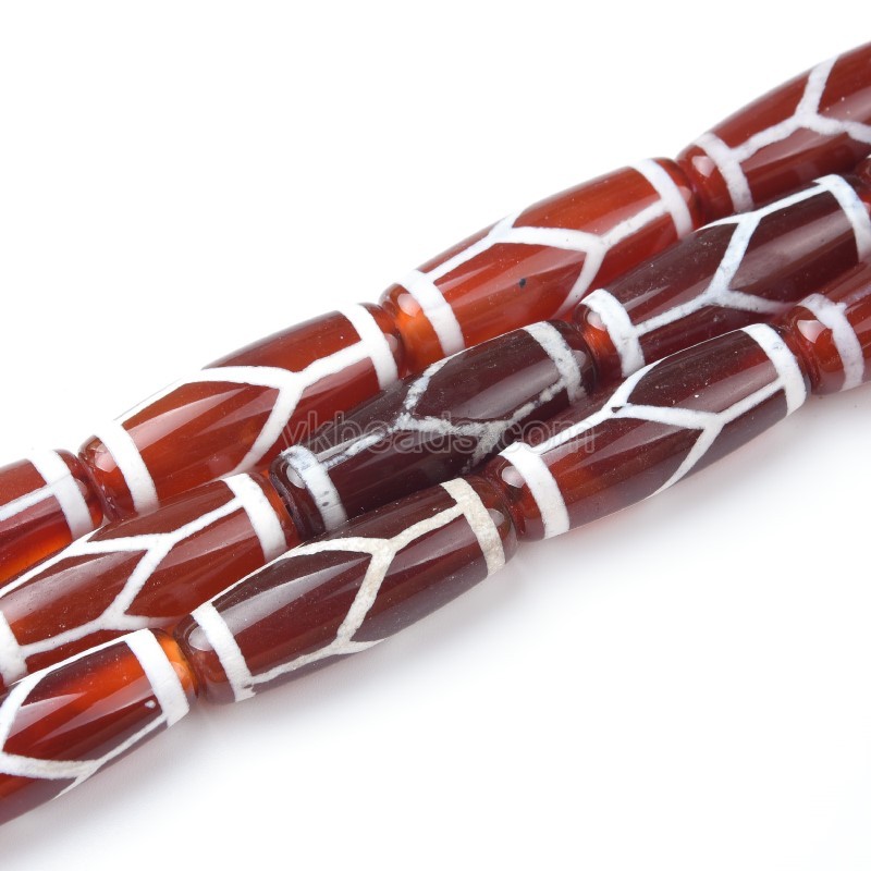 Tibetan Tortoise Shell Pattern Red dZi Agate Smooth Barrel Drum Beads, Approx 10x30mm, 29-30cm/strand