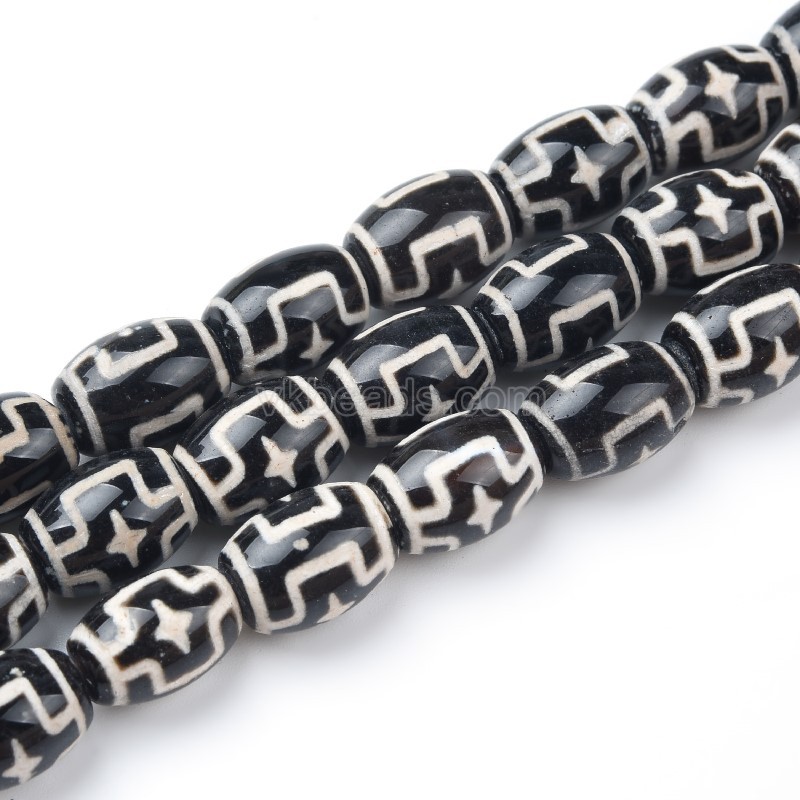 Tibetan Cross Star Pattern Black dZi Agate Smooth Barrel Drum Beads, Approx 10x14mm, 34-35cm/strand