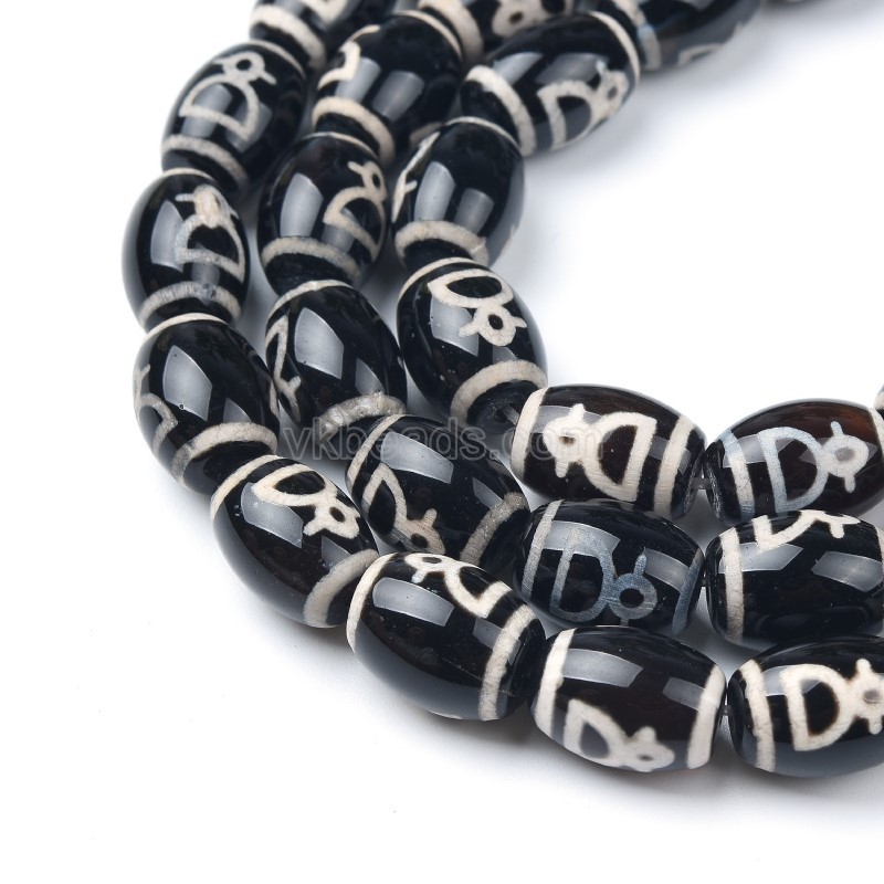 Tibetan God of Wealth Pattern Black dZi Agate Smooth Barrel Drum Beads, Approx 10x14mm, 34-35cm/strand