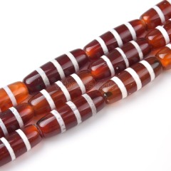 Tibetan 3 Lines Pattern Red dZi Agate Smooth Barrel Drum Beads, Approx 10x30mm, 29-30cm/strand