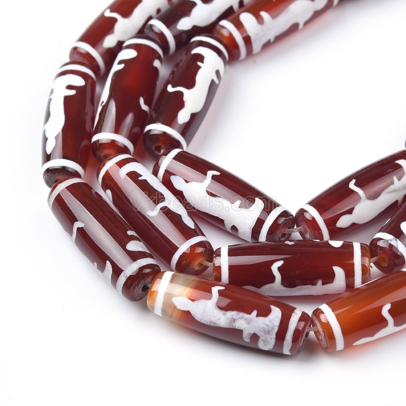 Tibetan Goddness of Mercy  Pattern Red dZi Agate Smooth Barrel Drum Beads, Approx 10x30mm, 29-30cm/strand