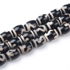 Tibetan Ruyi Hook Pattern Black dZi Agate Smooth Barrel Drum Beads, Approx 10x14mm, 34-35cm/strand