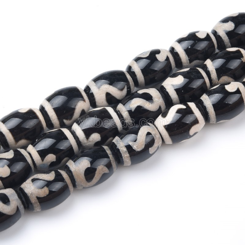 Tibetan Ruyi Hook Pattern Black dZi Agate Smooth Barrel Drum Beads, Approx 10x14mm, 34-35cm/strand