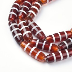 Tibetan 3 Lines Pattern Red dZi Agate Smooth Barrel Drum Beads, Approx 10x30mm, 29-30cm/strand