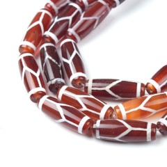 Tibetan Tortoise Shell Pattern Red dZi Agate Smooth Barrel Drum Beads, Approx 10x30mm, 29-30cm/strand