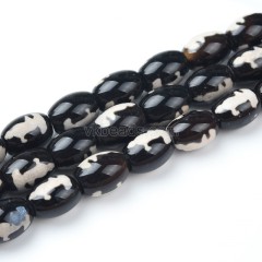 Tibetan Goddness of Mercy  Pattern Black dZi Agate Smooth Barrel Drum Beads, Approx 10x14mm, 34-35cm/strand