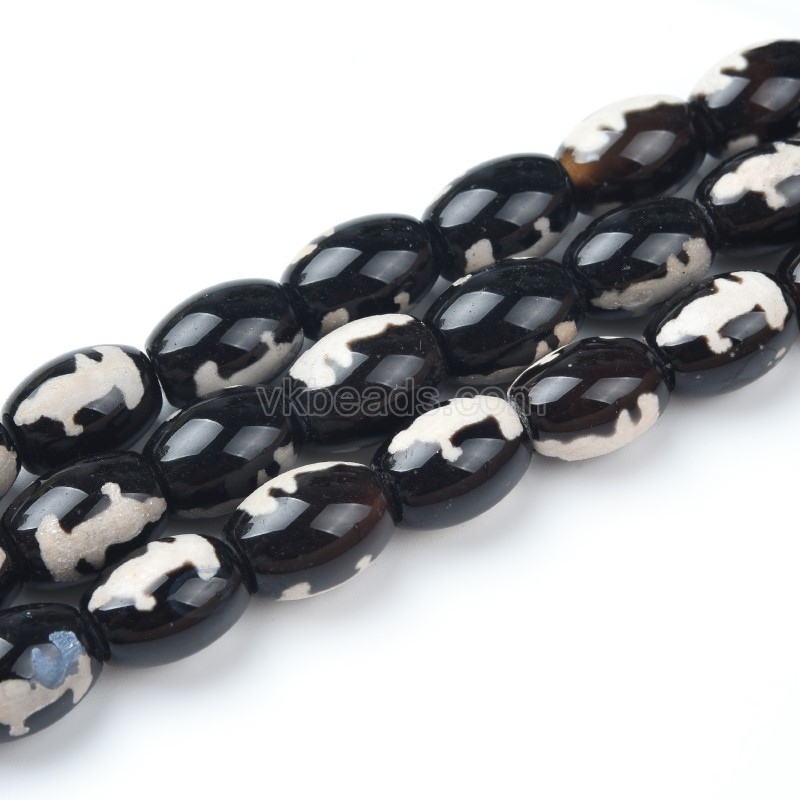 Tibetan Goddness of Mercy  Pattern Black dZi Agate Smooth Barrel Drum Beads, Approx 10x14mm, 34-35cm/strand
