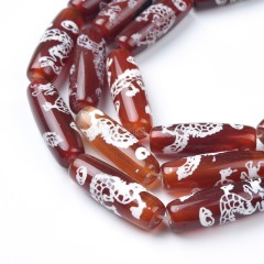 Tibetan Dragon Pattern Red dZi Agate Smooth Barrel Drum Beads, Approx 10x30mm, 29-30cm/strand
