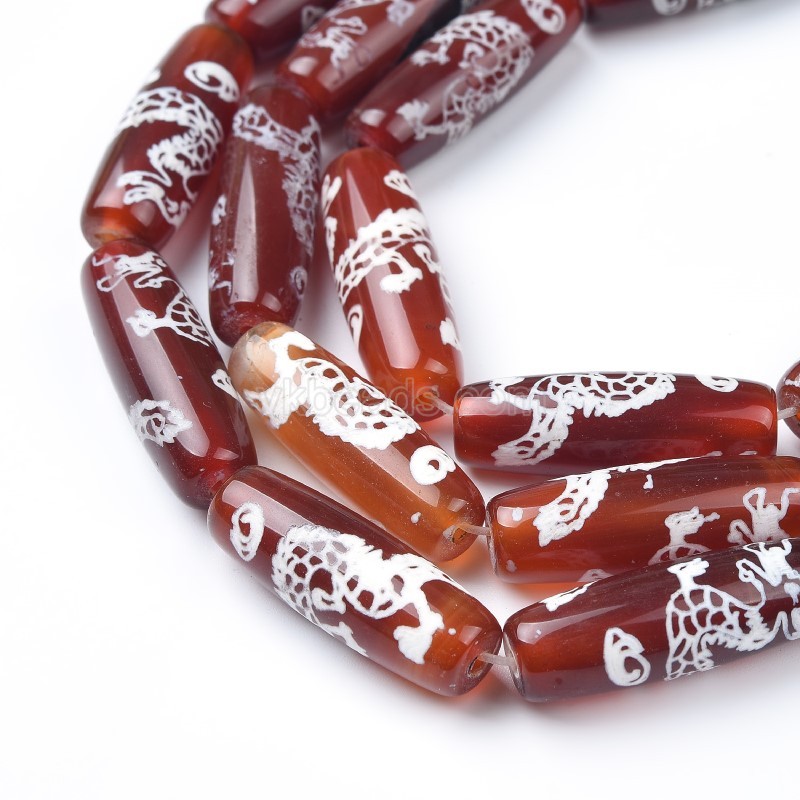 Tibetan Dragon Pattern Red dZi Agate Smooth Barrel Drum Beads, Approx 10x30mm, 29-30cm/strand