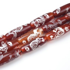 Tibetan Dragon Pattern Red dZi Agate Smooth Barrel Drum Beads, Approx 10x30mm, 29-30cm/strand