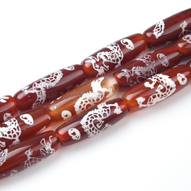 Tibetan Dragon Pattern Red dZi Agate Smooth Barrel Drum Beads, Approx 10x30mm, 29-30cm/strand