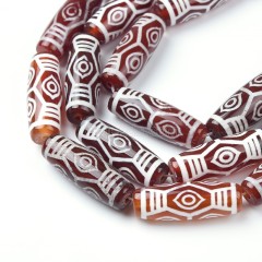 Tibetan Dragon Eyes Pattern Red dZi Agate Smooth Barrel Drum Beads, Approx 10x30mm, 29-30cm/strand