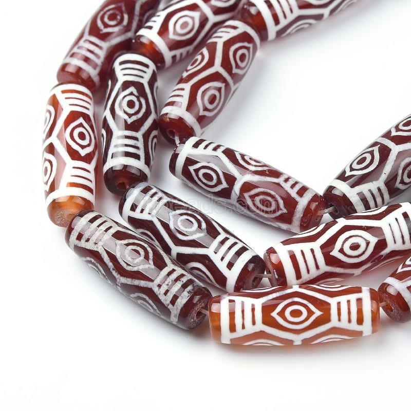 Tibetan Dragon Eyes Pattern Red dZi Agate Smooth Barrel Drum Beads, Approx 10x30mm, 29-30cm/strand