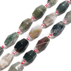 Moss Agate Faceted Barrel Drum Beads, Approx 13-14x20-26mm, 14pcs/strand