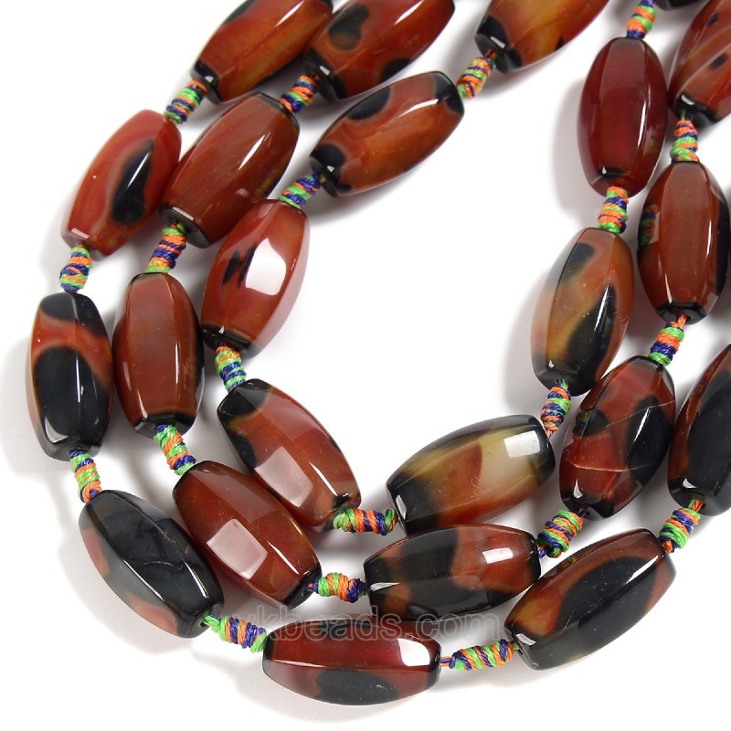 Black Red Lace Agate/Banded Agate Faceted Drums, 6 Facets, Approx 13-16x25-28mm, 10pcs/strand