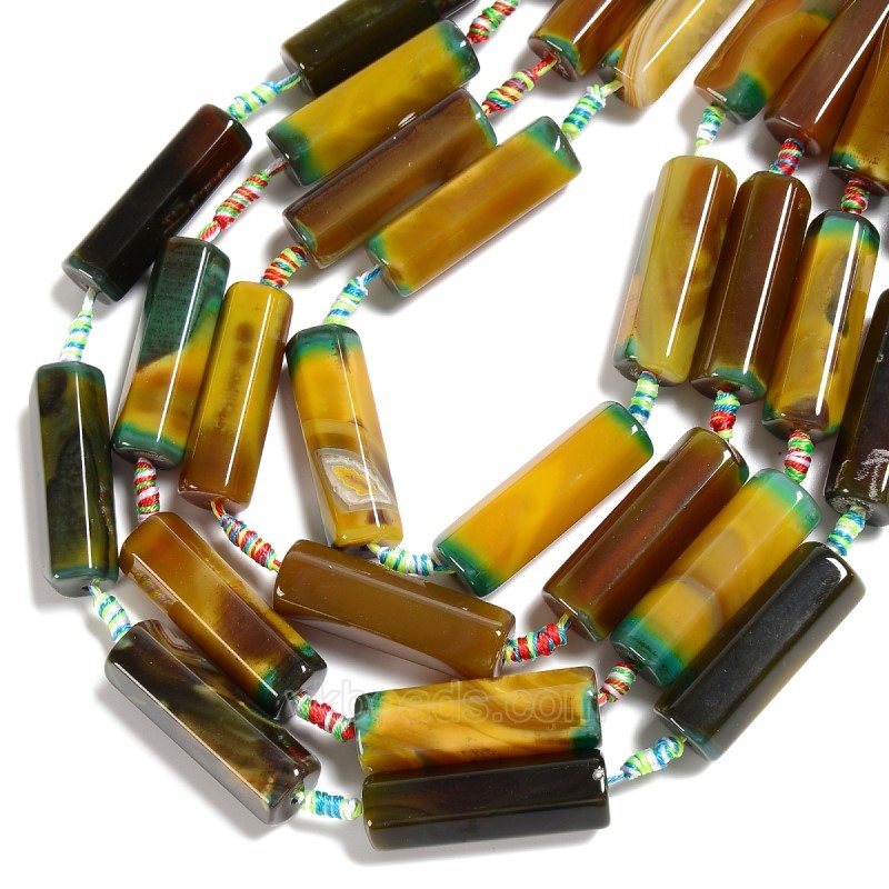 Yellow&Green Lace Agate/Banded Agate Hexagonal Prisms, Approx 12x42mm, 8pcs/strand