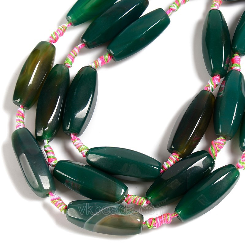 Dark Green Lace Agate/Banded Agate Faceted Drum Beads, 6 Facets, Approx 13-14x35-37mm, 10pcs/strand