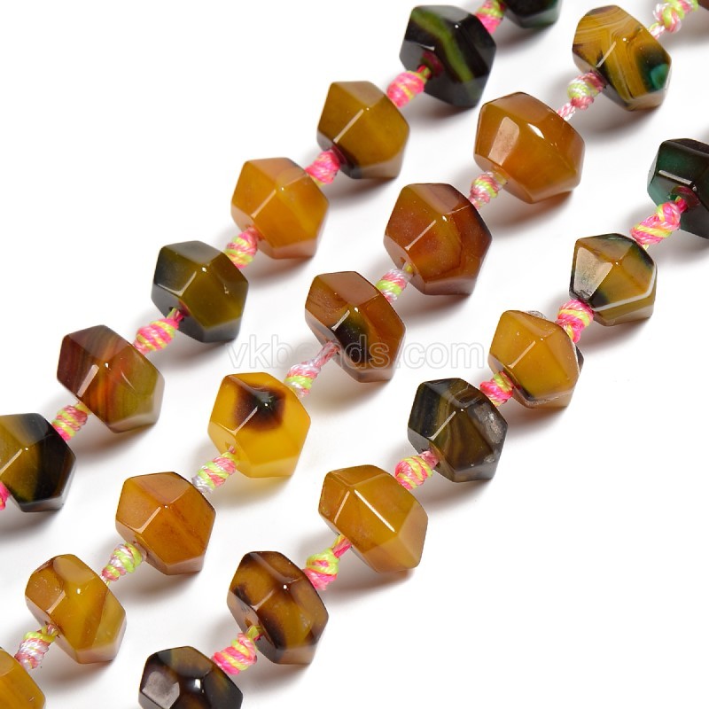 Yellow&Green Lace Agate/Banded Agate Faceted Bicone Beads, Approx 12-16x7-12mm, 23-24pcs/strand