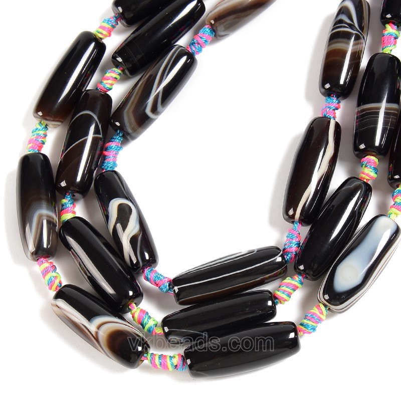 Black Lace Agate/Banded Agate Smooth Rice Beads, Approx 10-11x28-30mm, 10pcs/strand