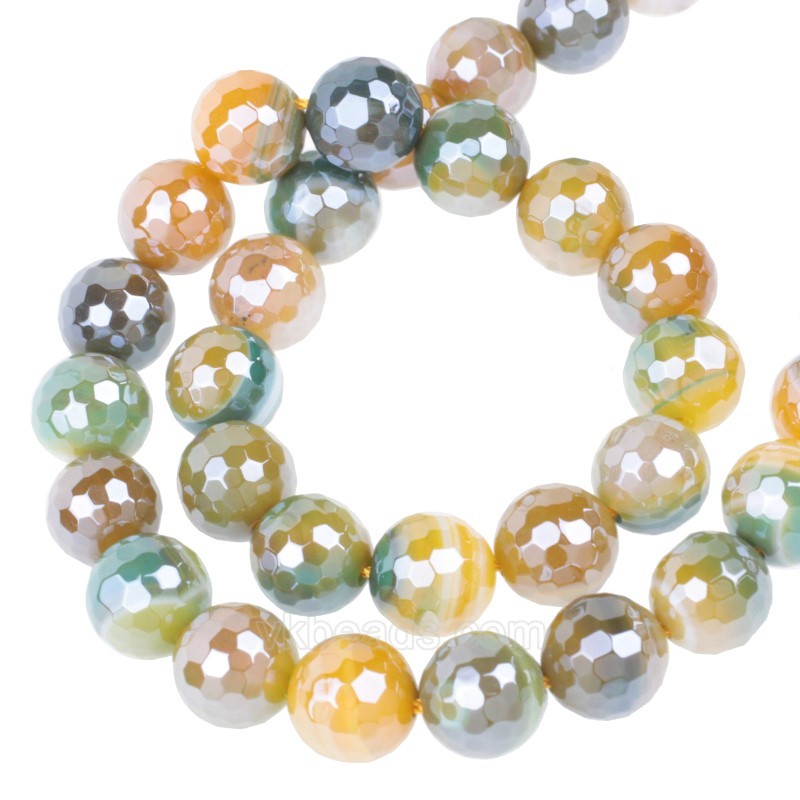 High Luster Plated Yellow&Green Lace Agate/Banded Agate Faceted Rounds, 128 Facets, Approx 6-12mm, 38cm/strand