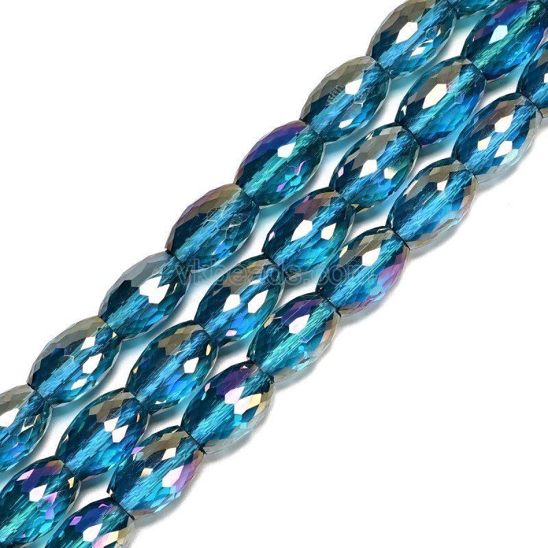 AB Plated Transparent Peacock Blue Glass Faceted Rice Beads, Approx 8x12mm, 38cm/strand