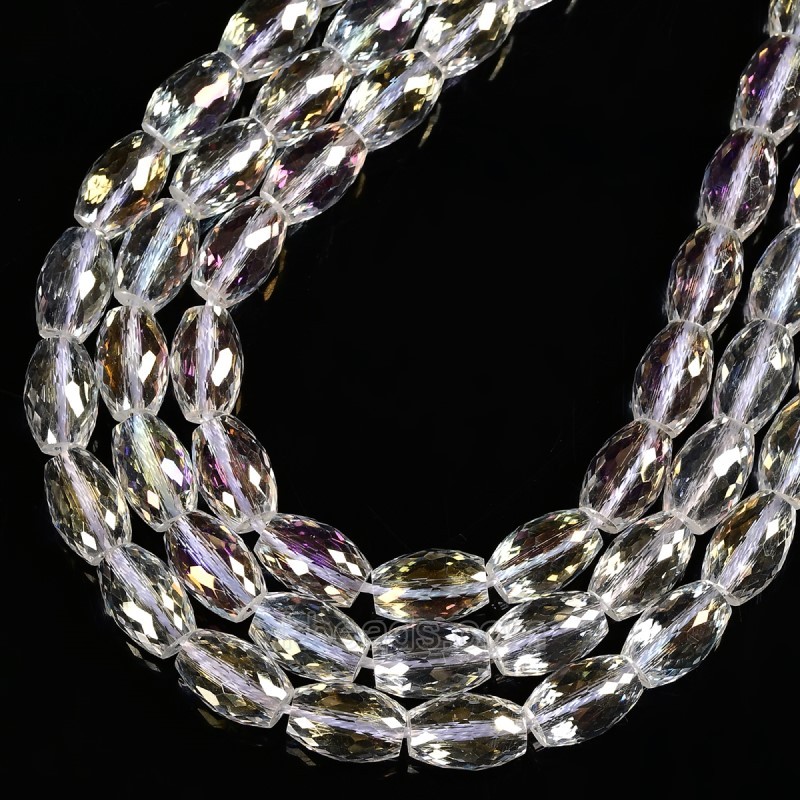 AB Plated Transparent Glass Faceted Rice Beads, Approx 8x12mm, 38cm/strand