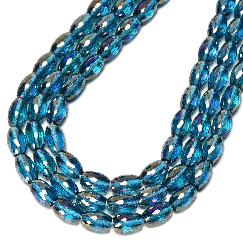 AB Plated Transparent Peacock Blue Glass Faceted Rice Beads, Approx 8x12mm, 38cm/strand
