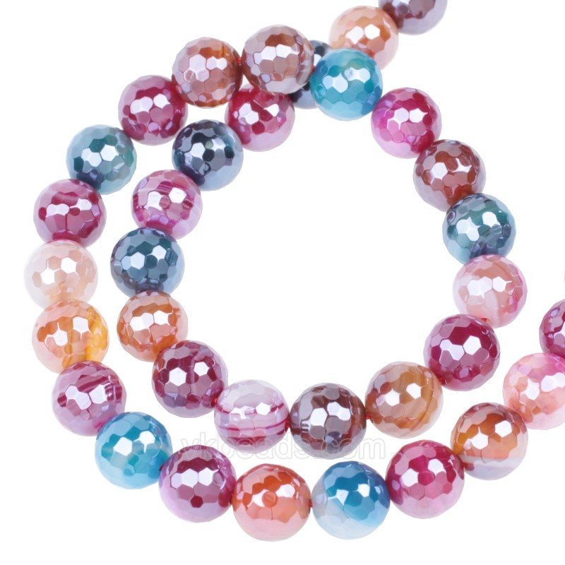 High Luster Plated Mixed Color Lace Agate/Banded Agate Faceted Rounds, 128 Facets, Approx 6-12mm, 38cm/strand