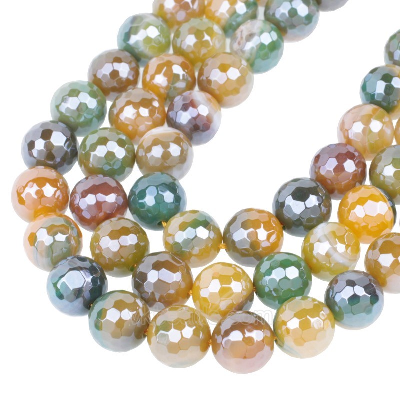 High Luster Plated Yellow&Green Lace Agate/Banded Agate Faceted Rounds, 128 Facets, Approx 6-12mm, 38cm/strand