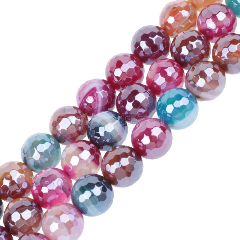 High Luster Plated Mixed Color Lace Agate/Banded Agate Faceted Rounds, 128 Facets, Approx 6-12mm, 38cm/strand
