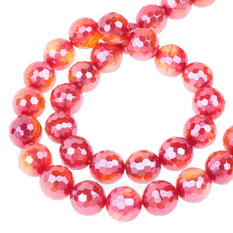 High Luster Plated Natural Red Agate Faceted Rounds, 128 Facets, Approx 6-12mm, 38cm/strand