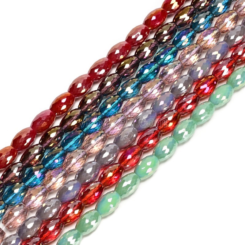 AB Plated Transparent Red Glass Faceted Rice Beads, Approx 8x12mm, 38cm/strand