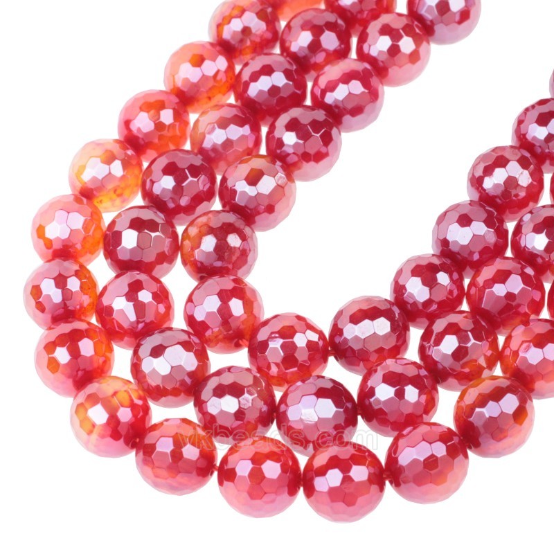 High Luster Plated Natural Red Agate Faceted Rounds, 128 Facets, Approx 6-12mm, 38cm/strand