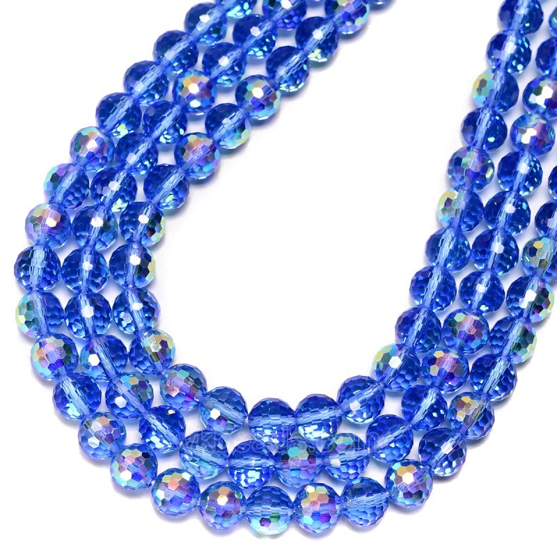 Transparent Royal Blue Glass Faceted Rounds, Half Rainbow Plated, 128 Facets, Approx 4-10mm, 38cm/strand