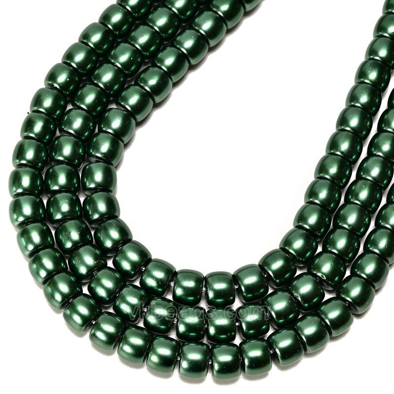 Malachite Green Glass Pearl Smooth Barrel Drums, Approx 6x8mm, 38cm/strand