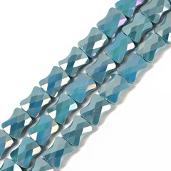 AB Plated Opaque Peacock Blue Glass Faceted Flat Bamboo Joints, Approx 8.5x10.5mm, 38cm/strand