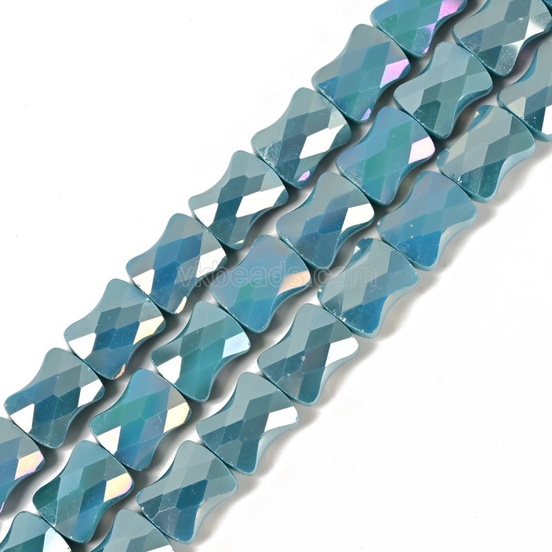 AB Plated Opaque Peacock Blue Glass Faceted Flat Bamboo Joints, Approx 8.5x10.5mm, 38cm/strand