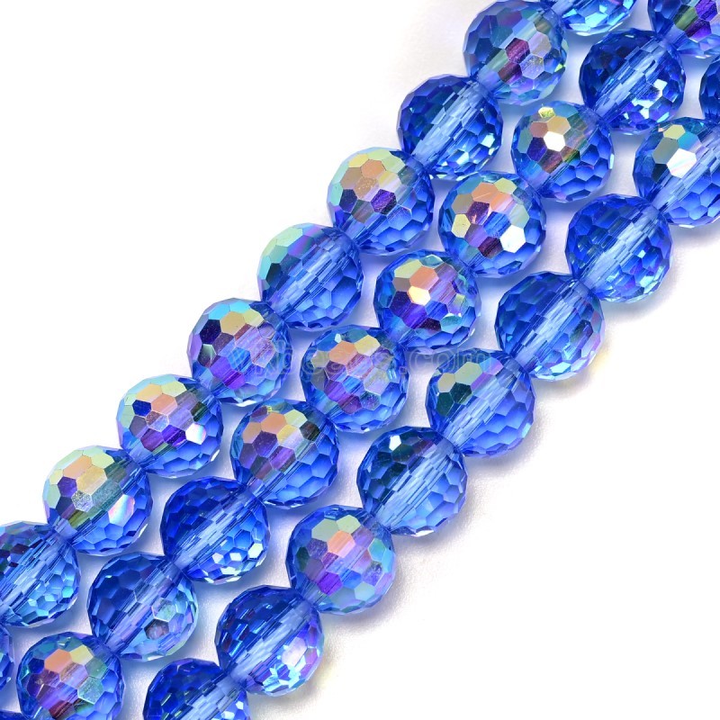 Transparent Royal Blue Glass Faceted Rounds, Half Rainbow Plated, 128 Facets, Approx 4-10mm, 38cm/strand