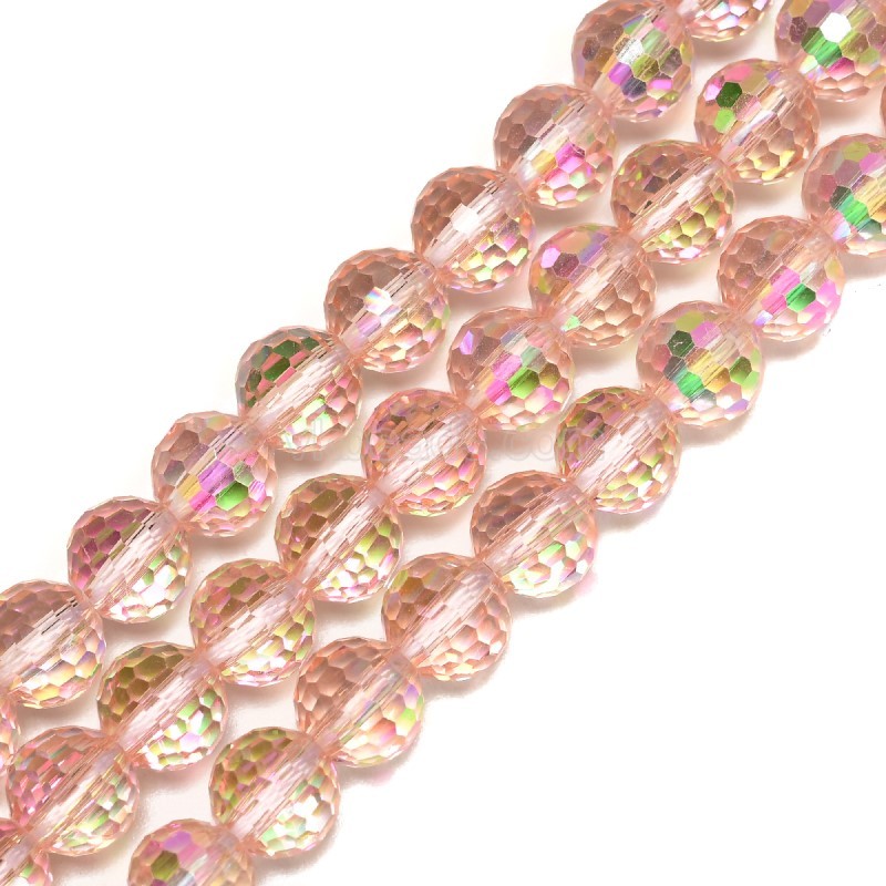 Transparent Light Pink Glass Faceted Rounds, Half Rainbow Plated, 128 Facets, Approx 4-10mm, 38cm/strand