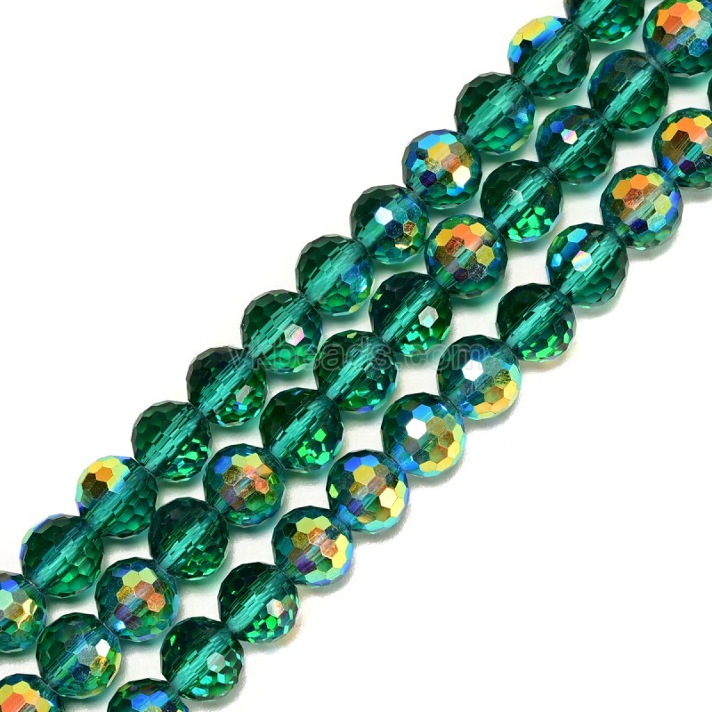 Transparent Malachite Green Glass Faceted Rounds, Half Rainbow Plated, 128 Facets, Approx 4-10mm, 38cm/strand