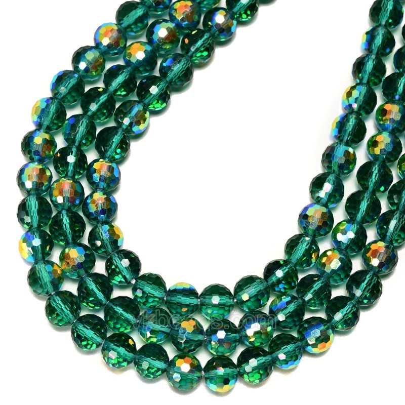 Transparent Malachite Green Glass Faceted Rounds, Half Rainbow Plated, 128 Facets, Approx 4-10mm, 38cm/strand