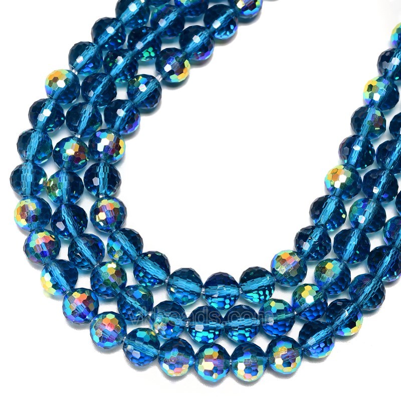 Transparent Dark Blue Glass Faceted Rounds, Half Rainbow Plated, 128 Facets, Approx 4-10mm, 38cm/strand