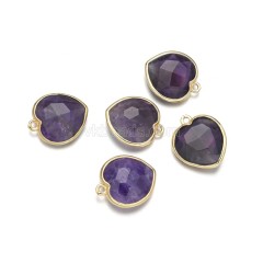 Gemstone Faceted Puffy Heart Charms, with Gold Plated Base Metal Findings, Approx 17mm, Sell by Piece