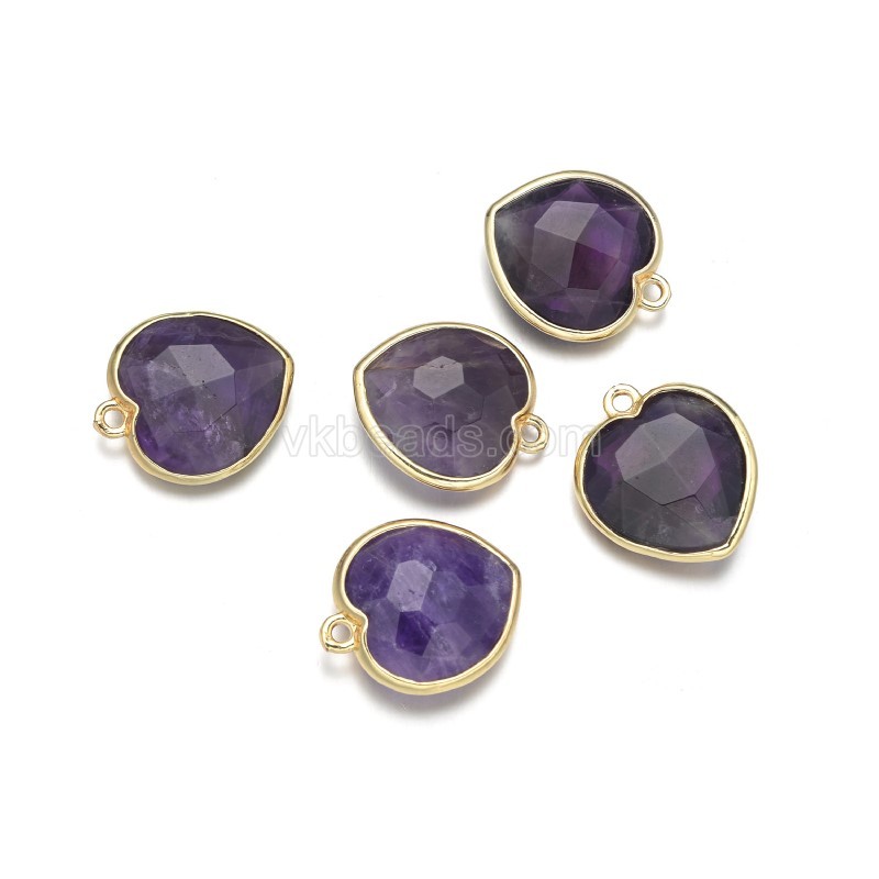 Gemstone Faceted Puffy Heart Charms, with Gold Plated Base Metal Findings, Approx 17mm, Sell by Piece