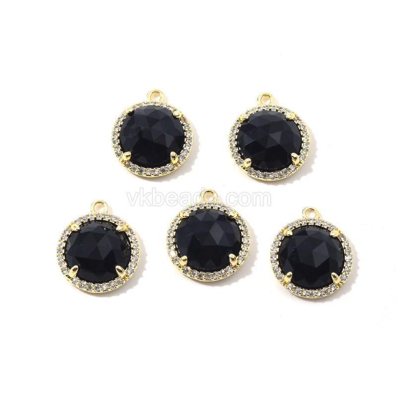 Gemstone Faceted Flat Round Charms, with Micro Pave CZ Gold Plated Base Metal Findings, Approx 13.5mm, Sell by Piece