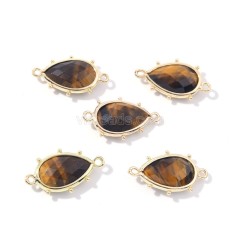 Gemstone Faceted Teardrop Double Rings Connectors, with Gold Plated Base Metal Findings, Approx 15x23mm, Sell by Piece